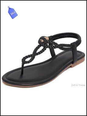 Women's Braided Flat Sandals T-Strap Elastic Ankle Strap Slip-On